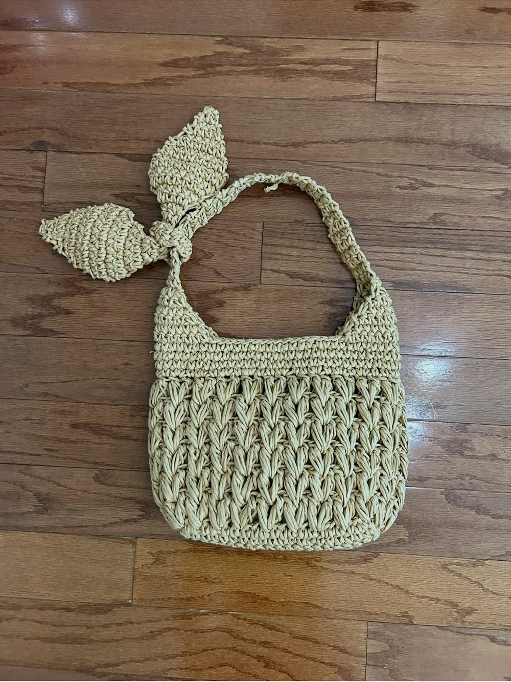Handwoven Straw Shoulder Bag Bow Accent Boho Coastal Woven Purse